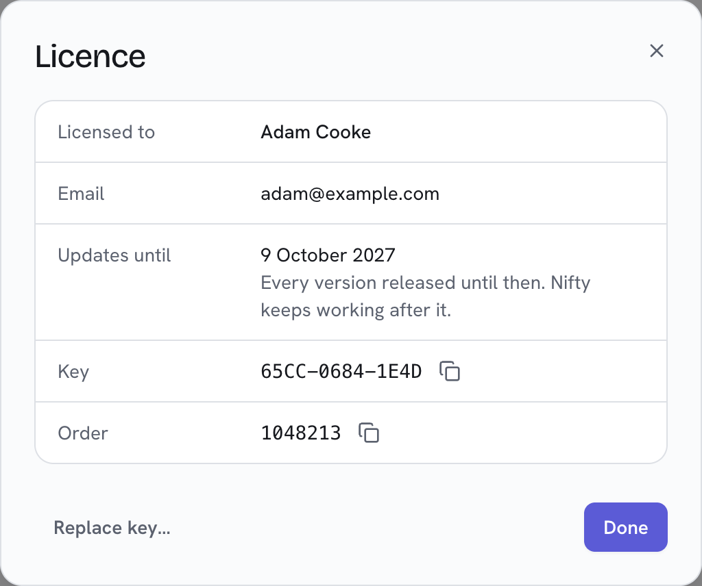 The Licence window with a licence: Licensed to, Email, Updates until, Key and Order