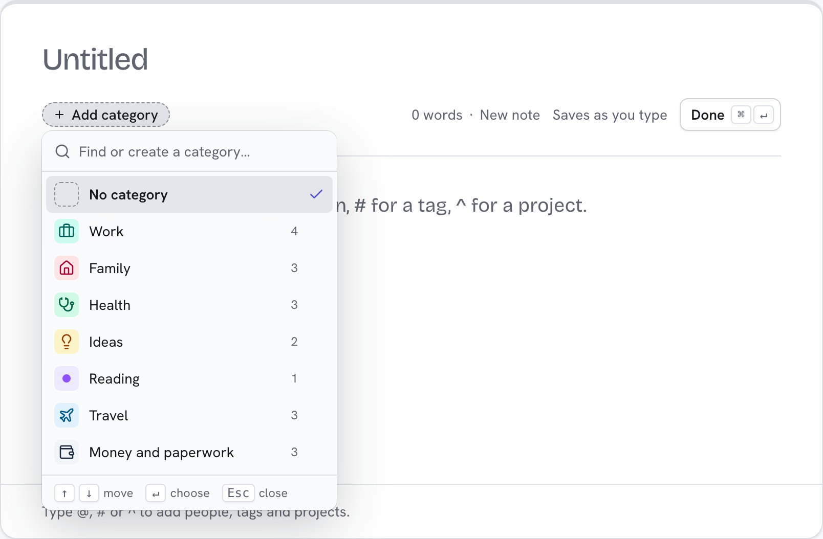 Choosing a category in the note editor