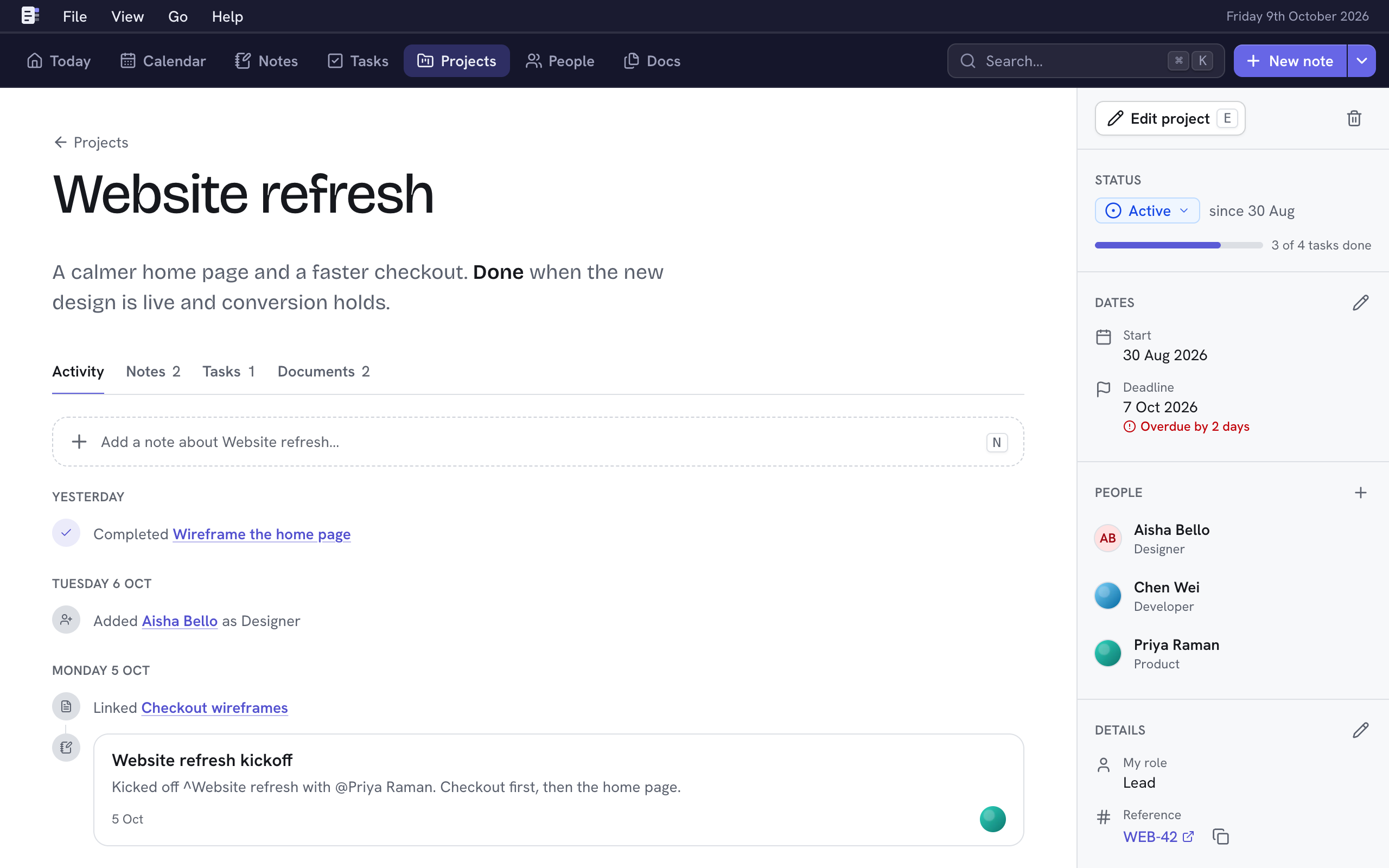 A project's page: its description and activity, with status, dates and people beside it