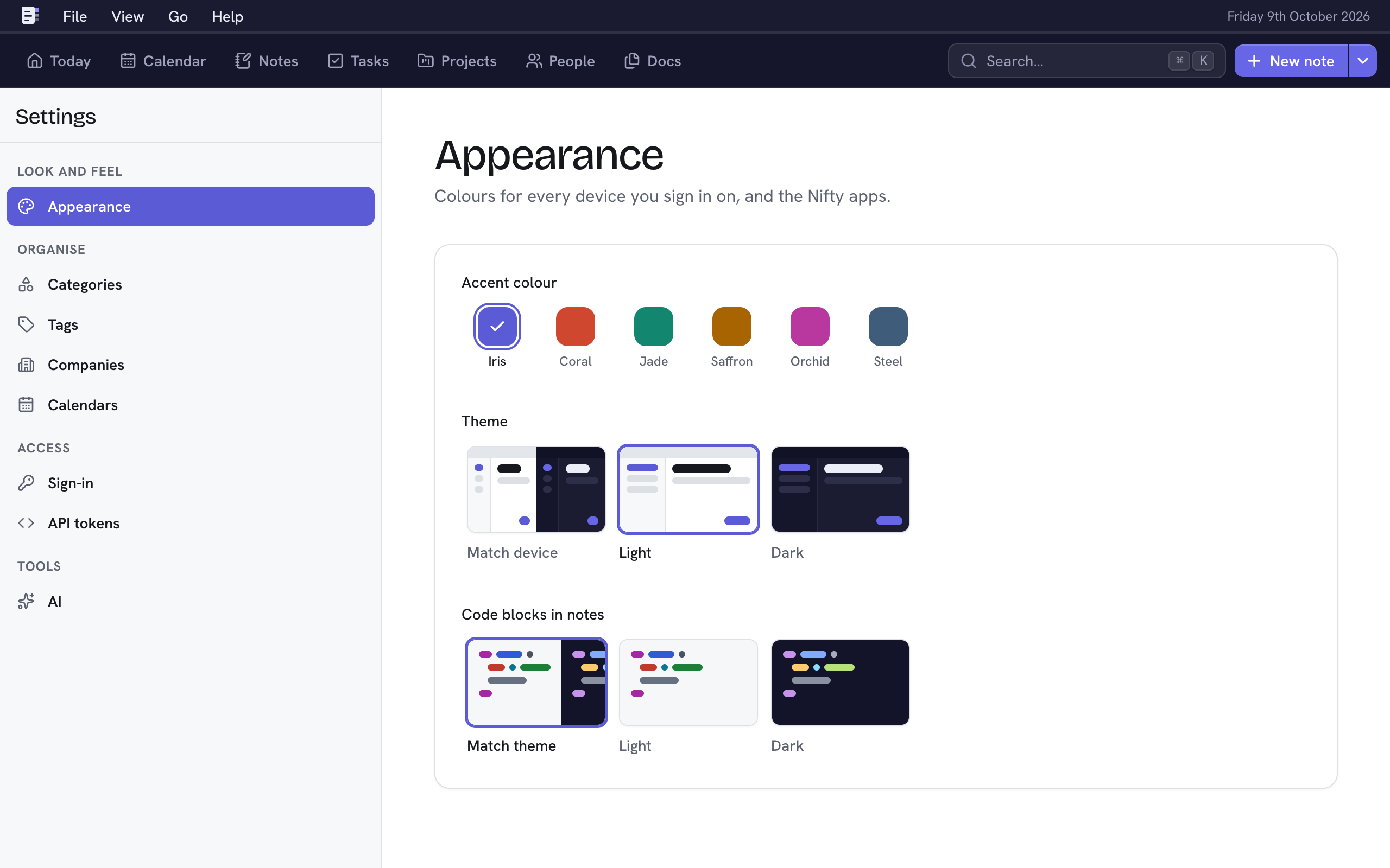 Appearance: accent colours, theme and code blocks