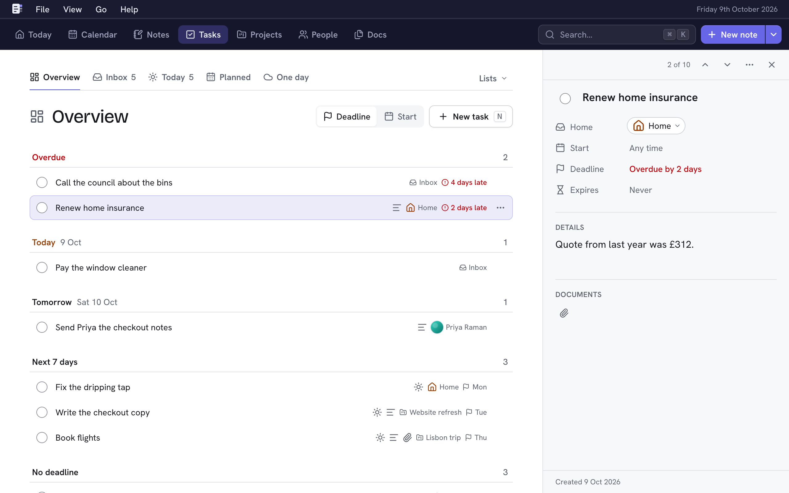 Tasks: the Overview grouped by deadline, with a task open beside it